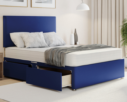 blue plush divan bed set with plain headboard