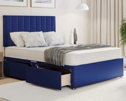 blue plush stripe divan bed with mattress and drawers