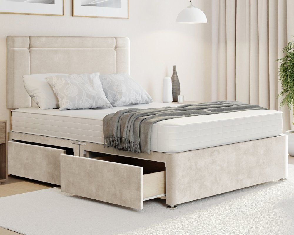 Cream Naple Clima divan king size bed in Naples fabric, storage, headboard.