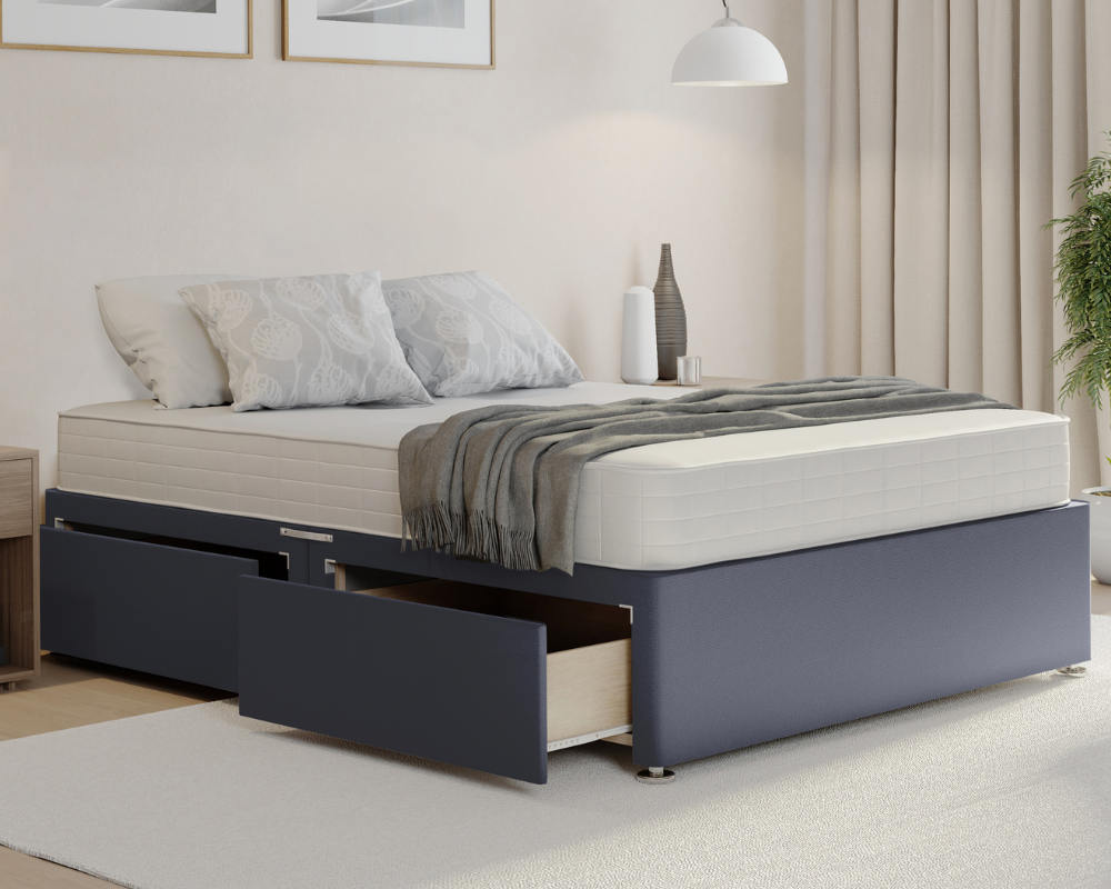 grey plush divan bed base with mattress and drawers