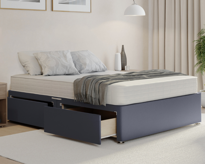 grey plush divan bed base with mattress and drawers