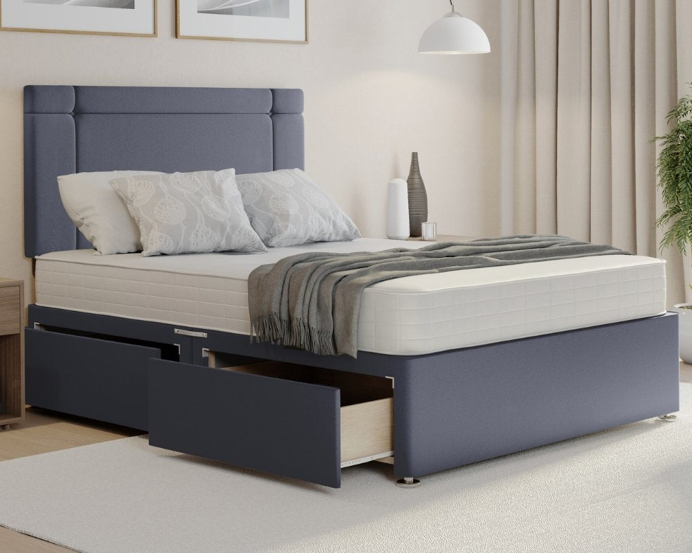 Grey Plush Clima double divan bed with headboard in Plush fabric, drawers.