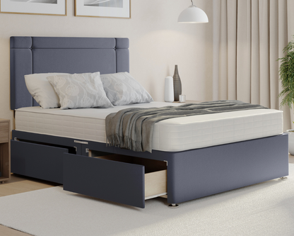 grey plush clima style divan bed set with mattress and drawers.