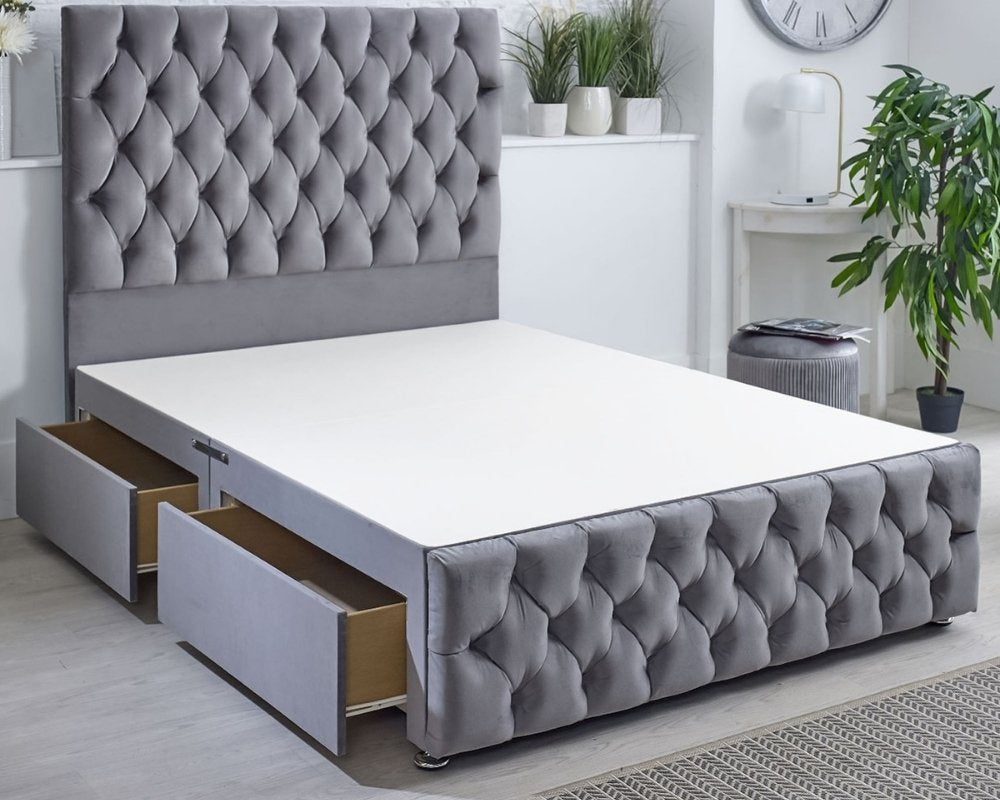 premium chester single divan beds in grey plush fabric