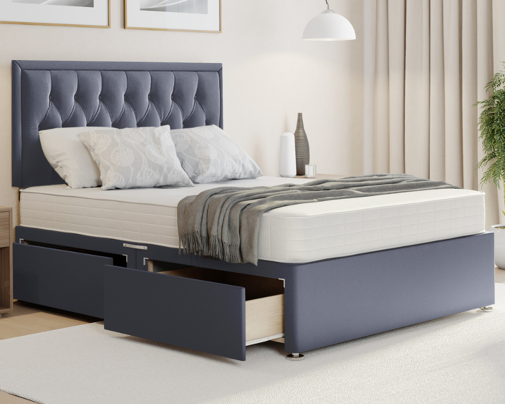 grey plush sarah bed with mattress and drawers set
