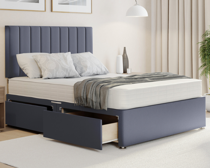 grey plush divan bed set with mattress and drawers