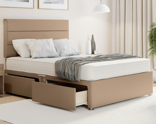 mink plush 3 linen style divan bed set which comes with drawers and a mattress