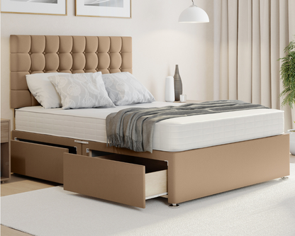 mink plush cubex style divan bed with mattress and storage drawers.