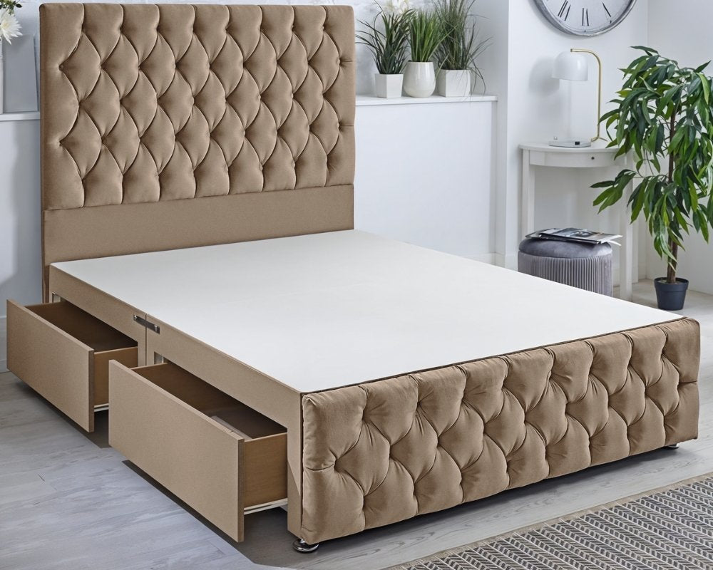 Premium Chester single divan bed in Plush fabric with footboard, drawers.