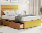 mustard plush 3 linen style divan bed set which comes with drawers and a mattress