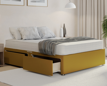 mustard plush divan bed base with mattress and drawers
