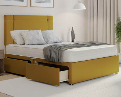 mustard plush clima style divan bed set with mattress and drawers.