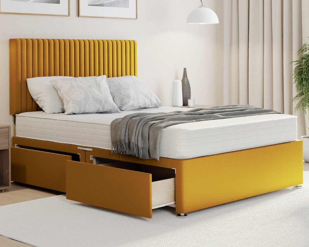 Mustard Plush Malia divan double bed with mattress in Plush fabric, storage.
