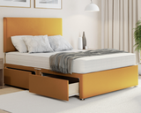 mustard plush divan bed with mattress and plain headboard