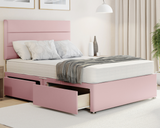 pink plush 3 linen style divan bed set which comes with drawers and a mattress