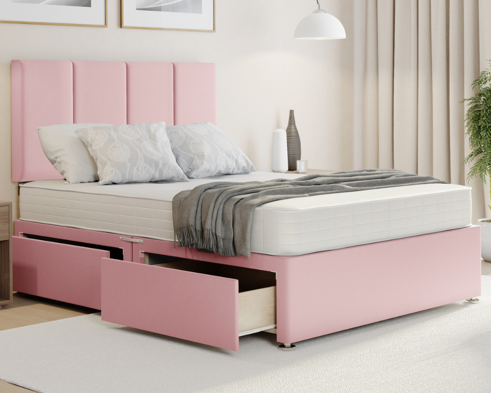 pink plush 4 panel style divan bed with drawers and mattress