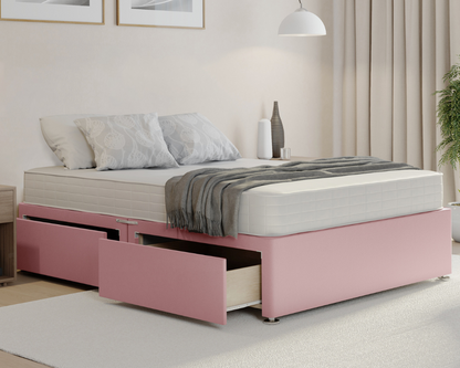 pink plush divan bed base with mattress and drawers