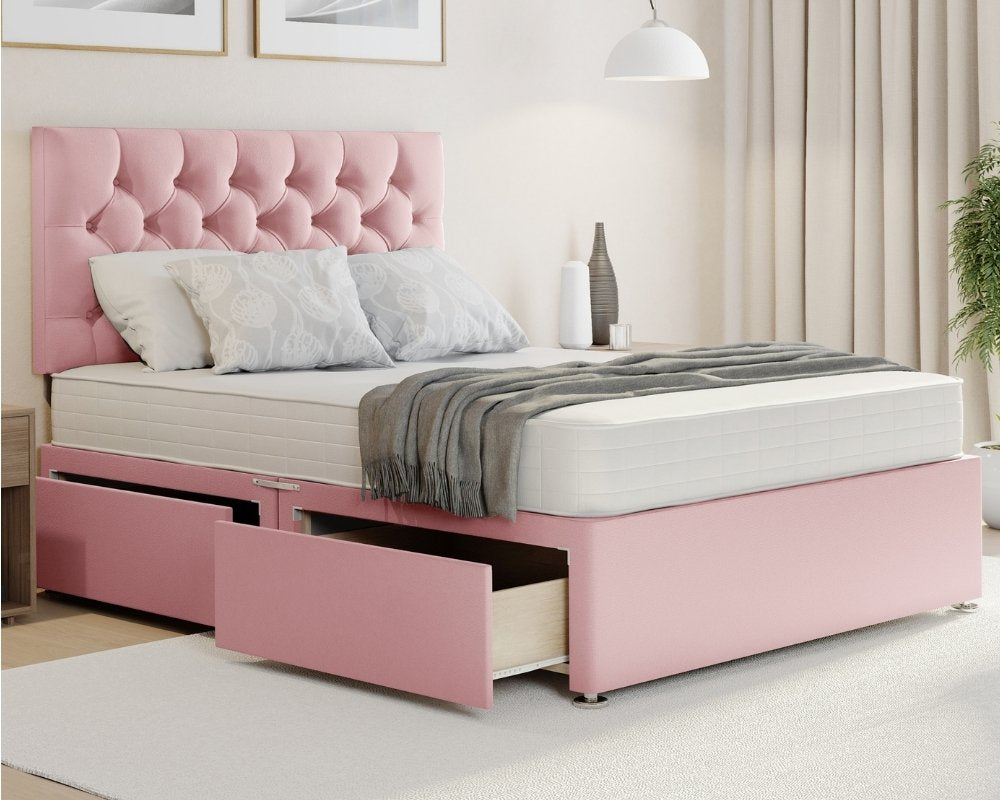 Pink Plush Chester double bed and mattress divan in Plush fabric, drawers.