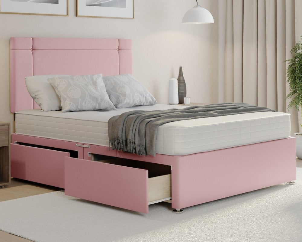 Pink Plush Clima king size divan base with drawers in Plush fabric, headboard.