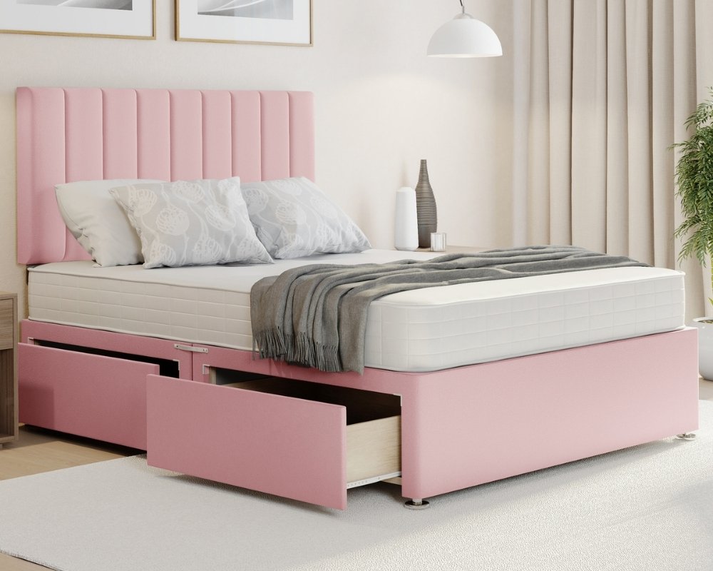 Pink Plush Stripe king size divan base with drawers in Plush fabric, striped design.