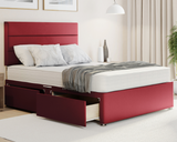 red plush 3 linen style divan bed set which comes with drawers and a mattress