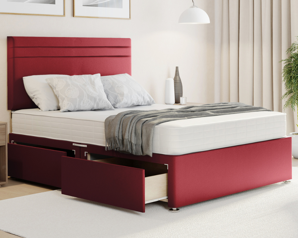 red plush artic style divan bed set with storge drawers and mattress