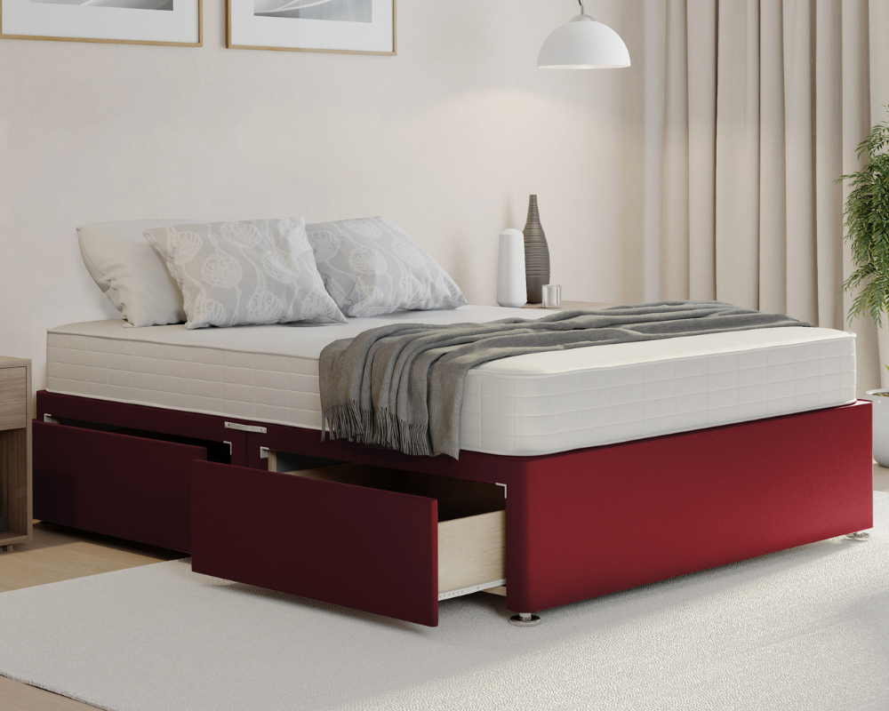 red plush divan bed base with mattress and drawers