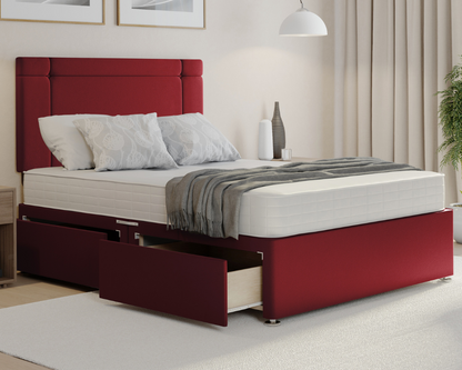 red plush clima style divan bed set with mattress and drawers.