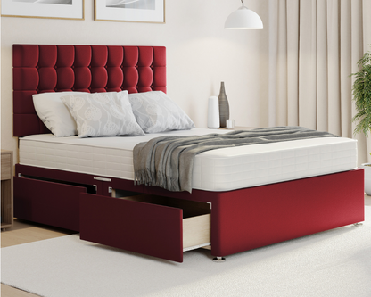 red plush cubex style divan bed with mattress and storage drawers.