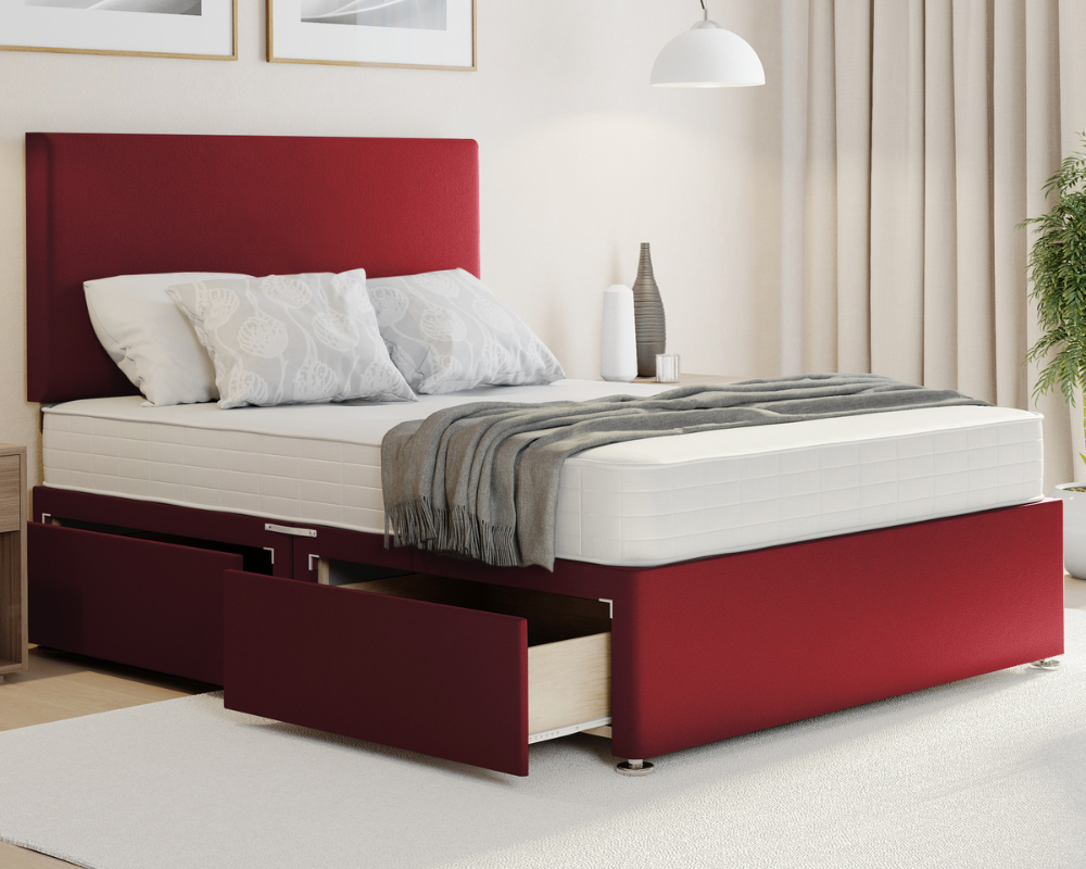 red plush divan bed set with plain headboard