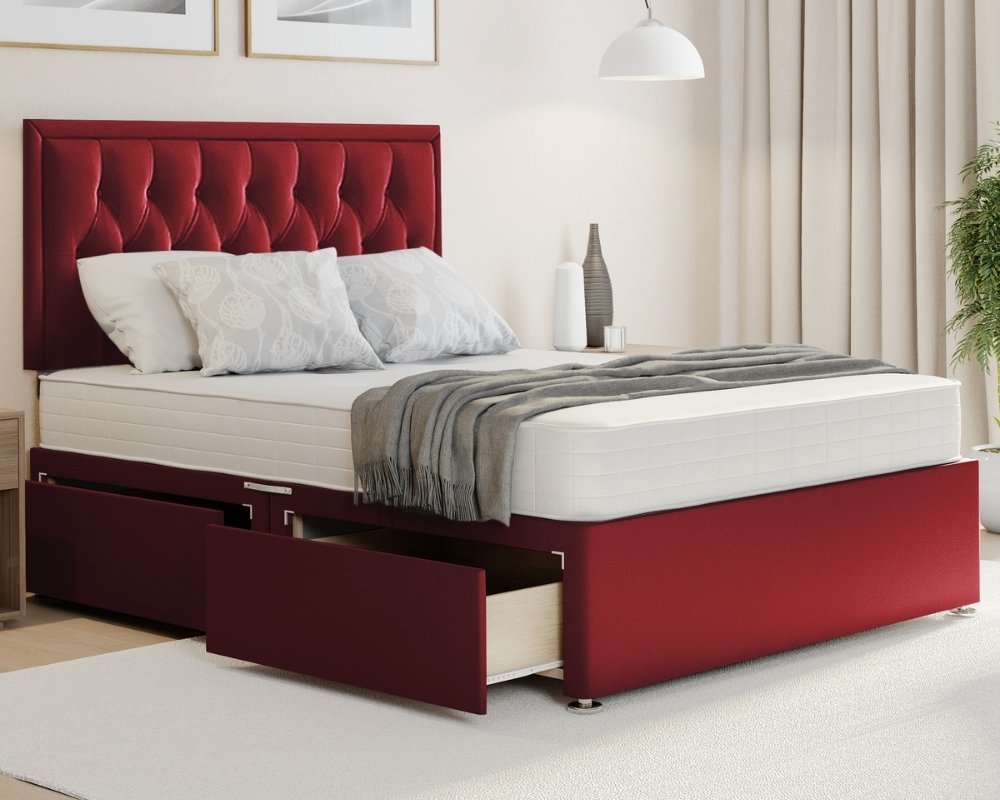Red Plush Sarah king size divan with storage in Plush fabric, drawers.