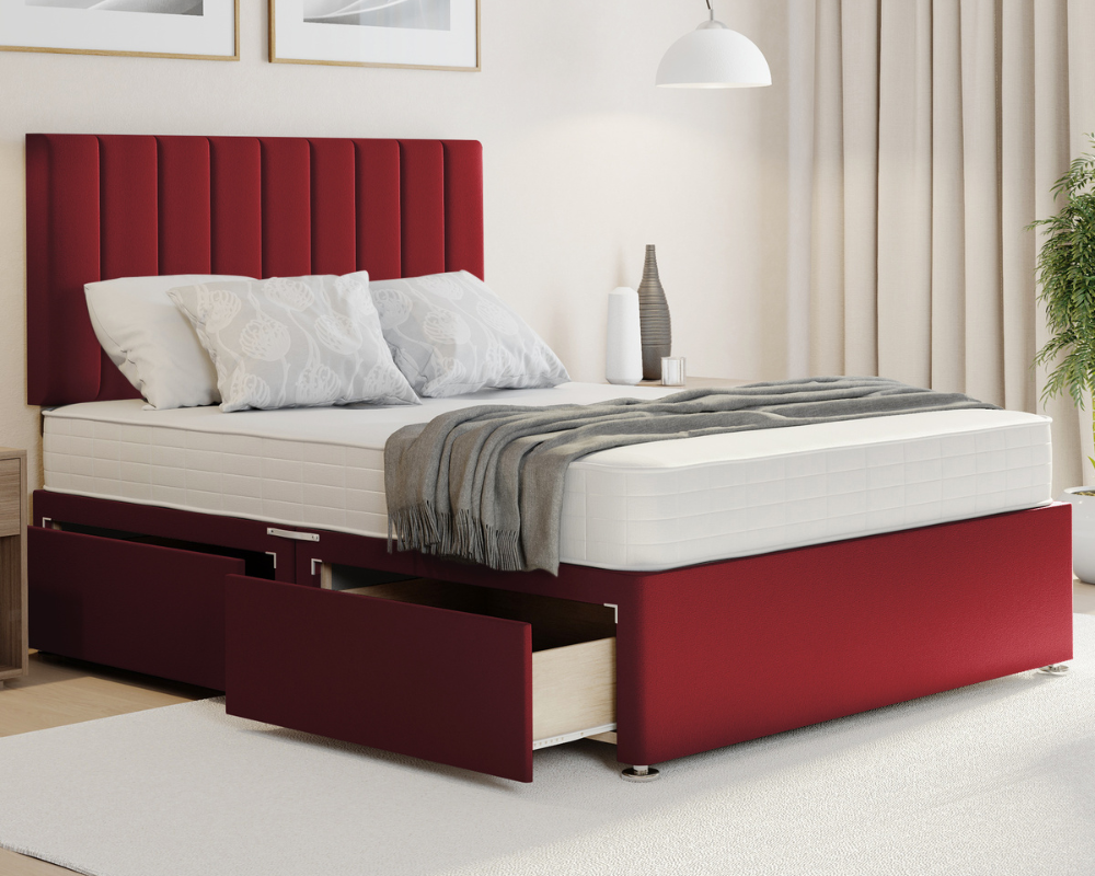 red plush stripe divan bed with mattress and storage