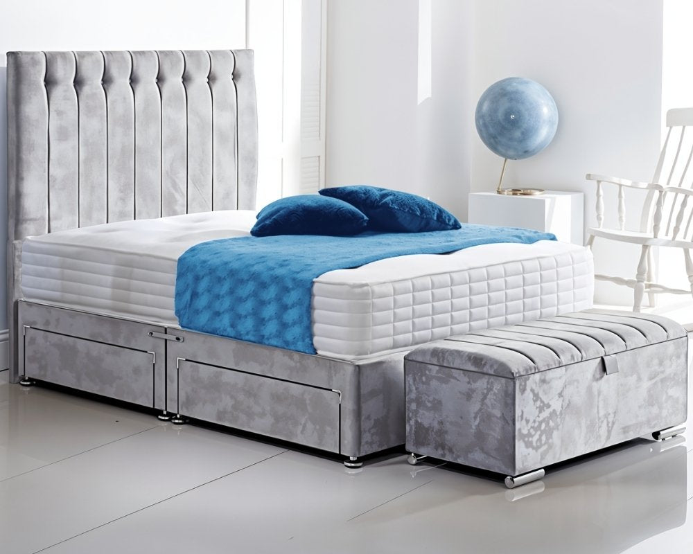 Seal Grey Naple Olivia single divan beds with mattress in Naples fabric.