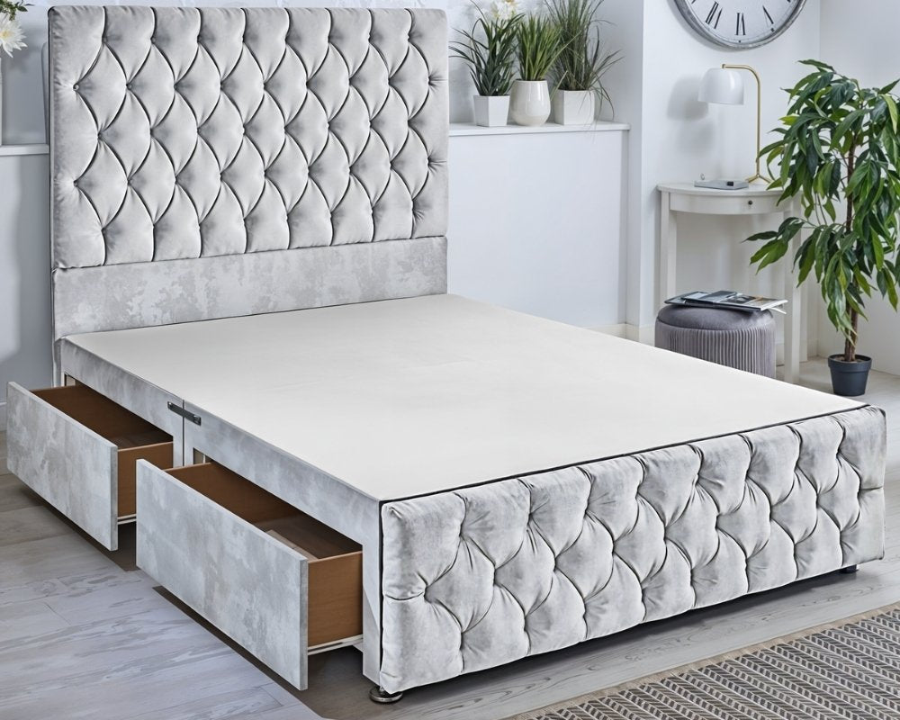 Premium Chester single divan with storage in Naples fabric, footboard.