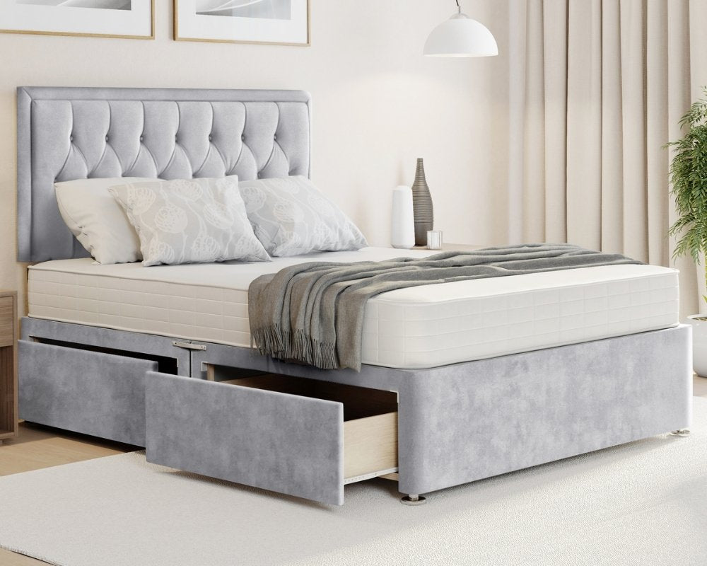 Seal Grey Naple Sarah double divan bed with mattress in Naples fabric, headboard.