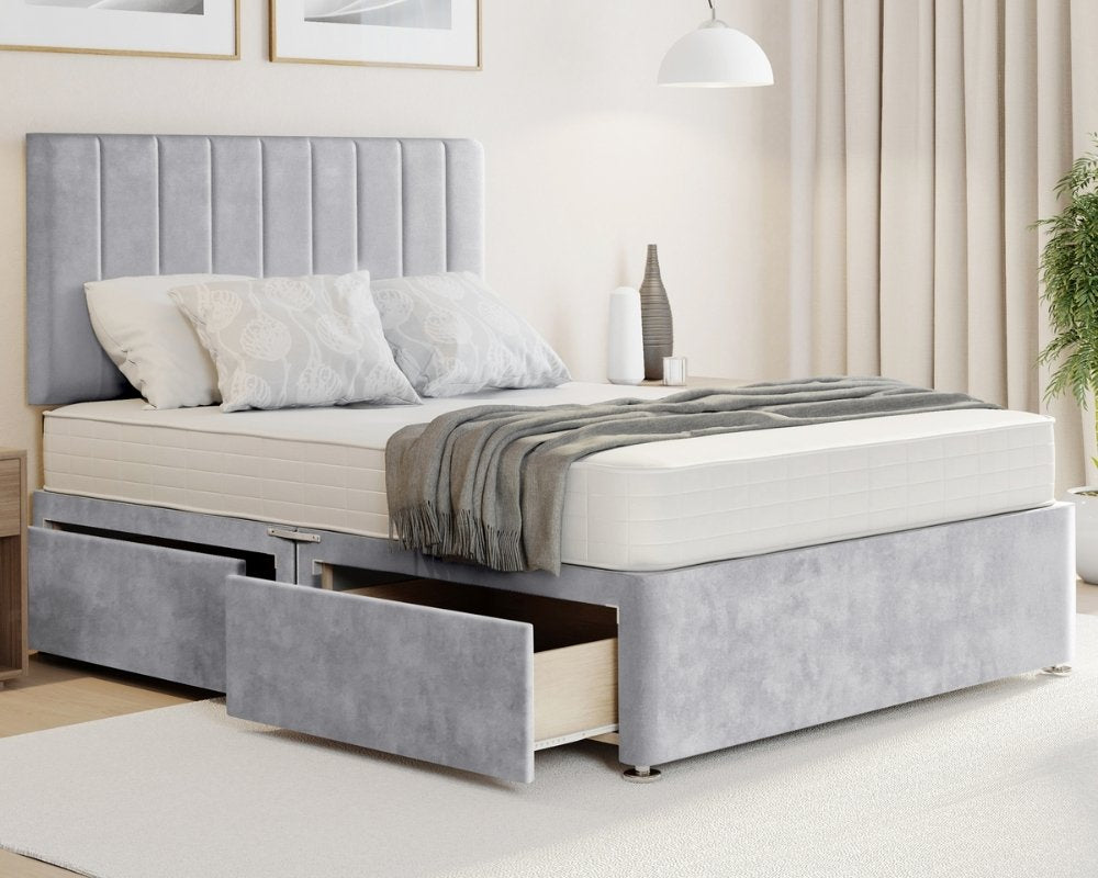 Seal Grey Naple Stripe king size divan bed with mattress in Naples fabric, striped look.