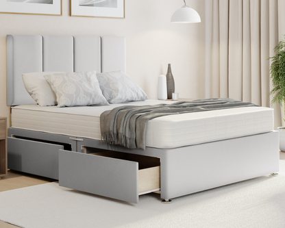 silver plush 4 panel style divan bed with drawers and mattress