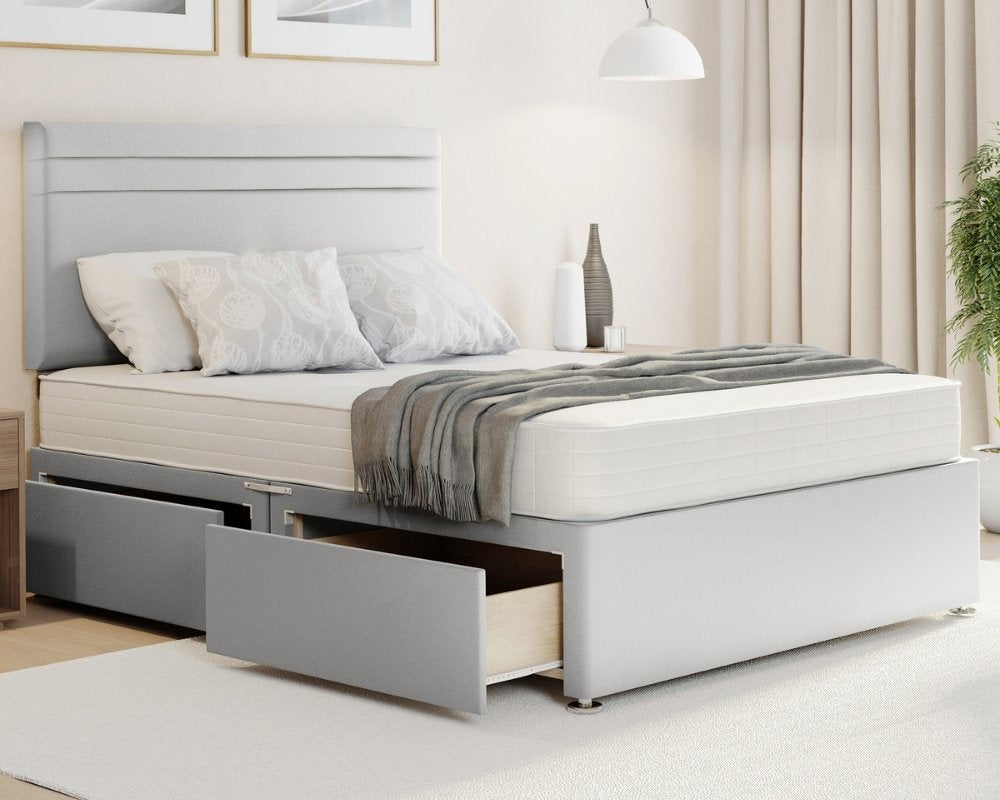 Silver Plush Actic divan beds king size in Plush fabric with mattress, storage.