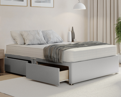 silver plush divan bed base with mattress and drawers