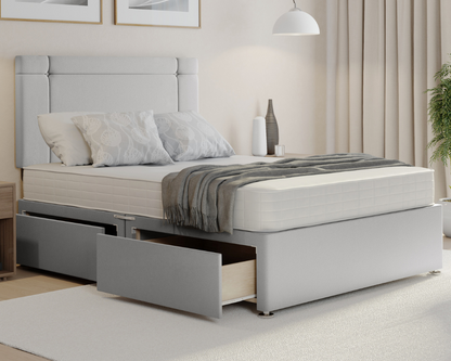 silver plush clima style divan bed set with mattress and drawers.