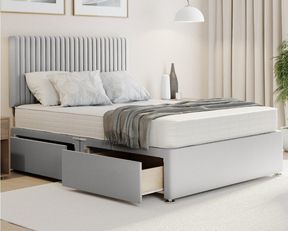 Silver Plush Malia divan double beds with mattress in Plush fabric, storage.