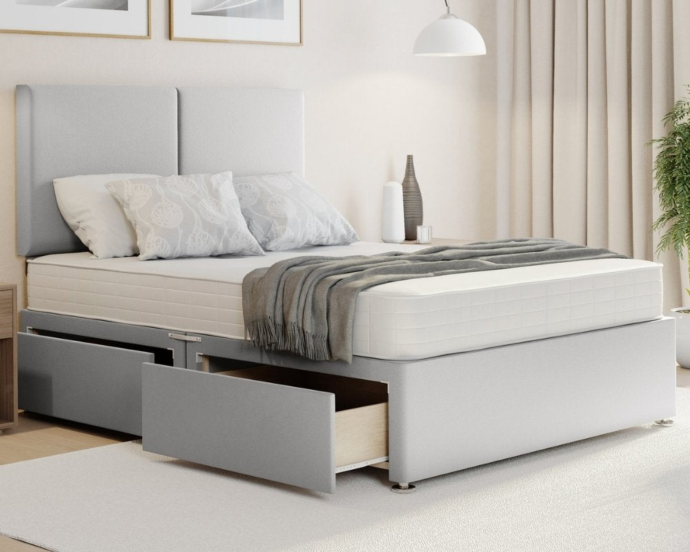 Silver Plush Orion divan single beds in Plush fabric with mattress, storage.