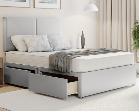 silver plush divan bed with orion style headboard