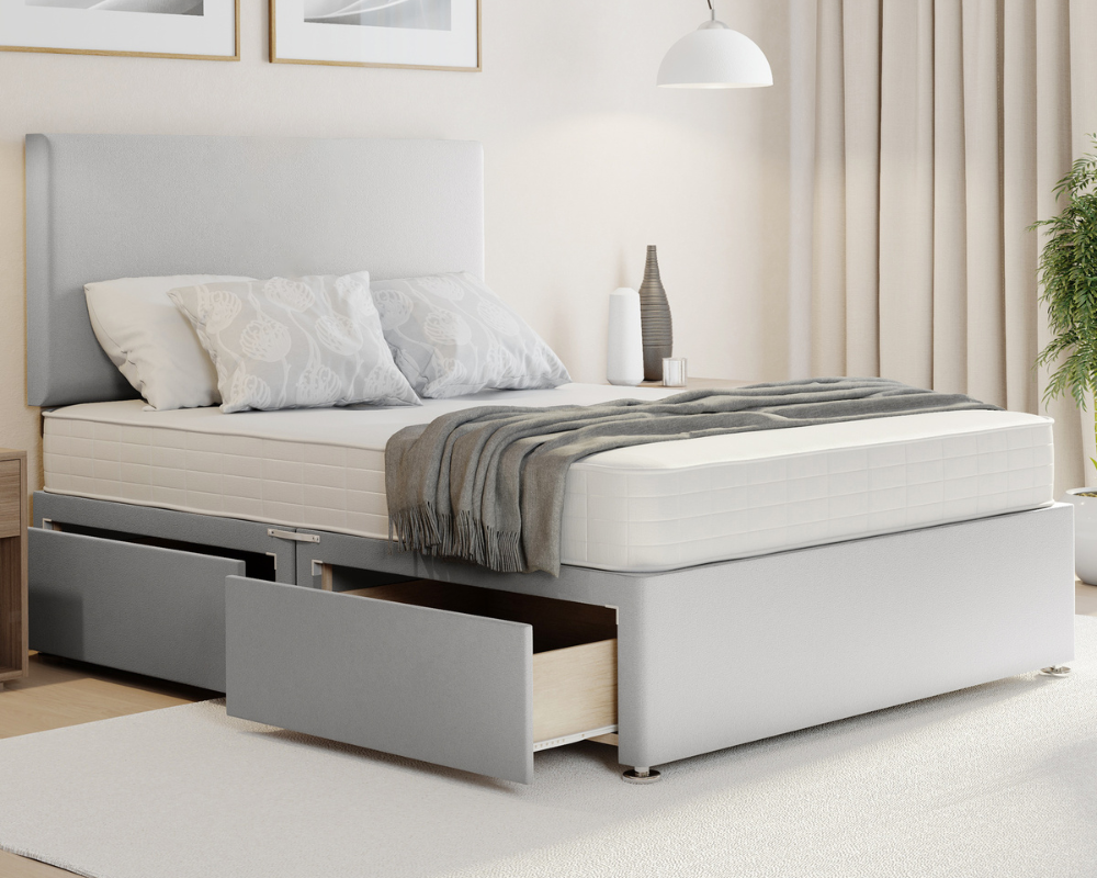 silver plush divan bed set with plain headboard