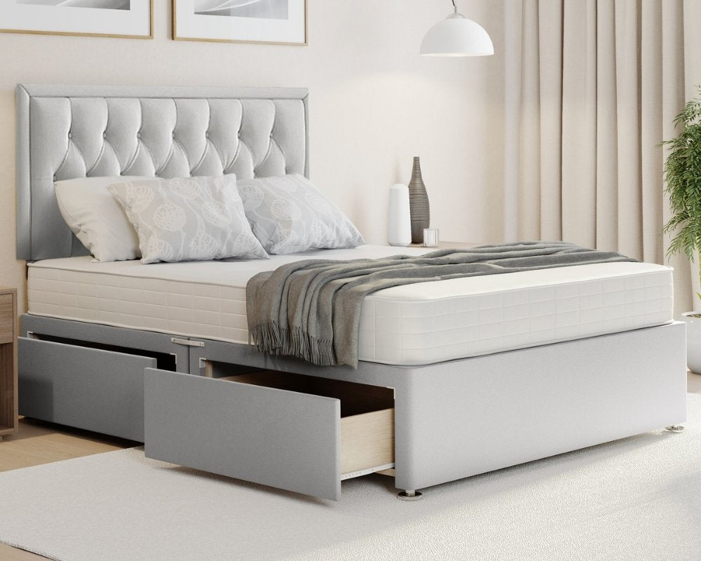 Silver Plush Sarah divan double beds with mattress in Plush fabric, storage.