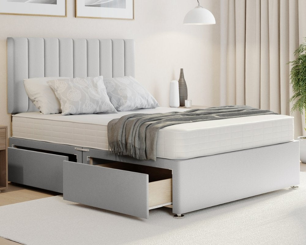 Silver Plush Stripe divan beds king size in Plush fabric with mattress, striped pattern.