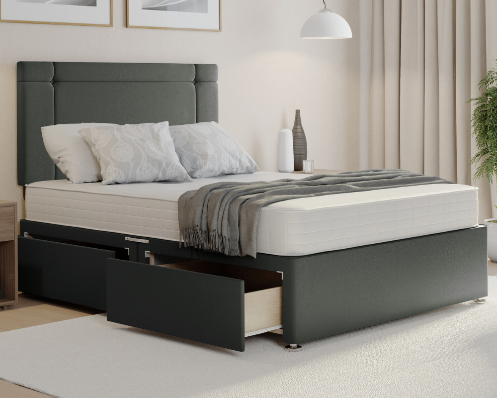 steel plush clima style divan bed set with mattress and drawers.