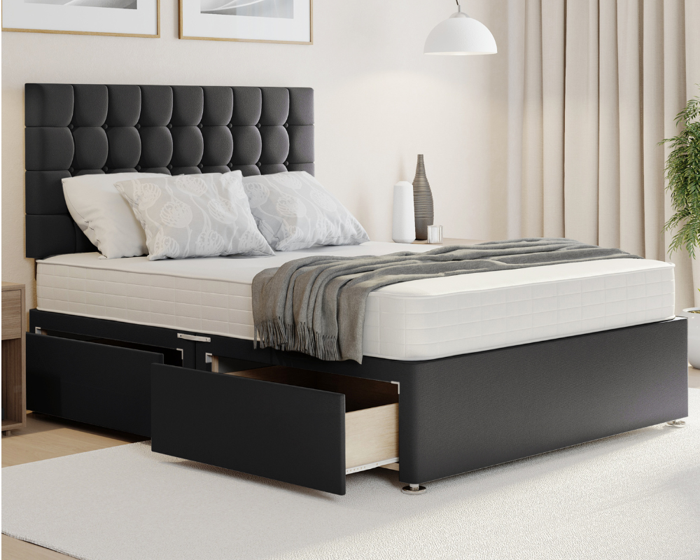 steel plush cubex style divan bed with mattress and storage drawers.