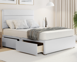 white plush 3 linen style divan bed set which comes with drawers and a mattress