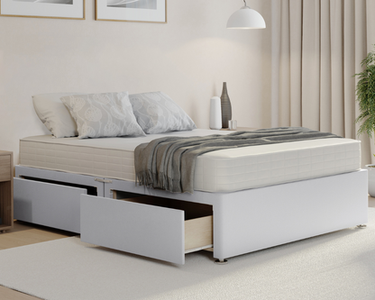white plush divan bed base with mattress and drawers